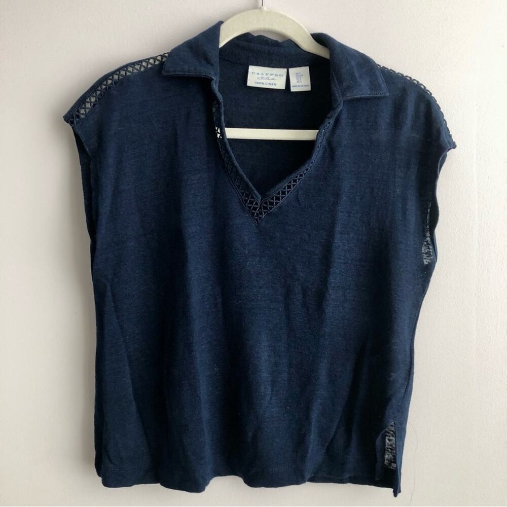 Calypso St. Barth’s 100% Linen Casual Blue V-neck Cropped Top Women’s Size S